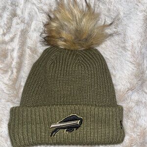 Olive Knit Beanie with Faux Fur Pom
